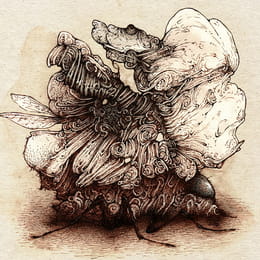 Mosca nuesada. Dibujo de la cruza entre una mosca y una nuez en el bestiario ilustrado